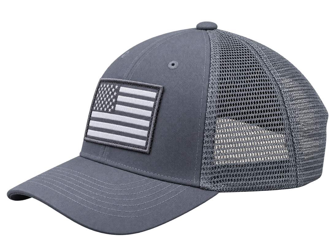 Gray American flag removable patch trucker hat, left side view