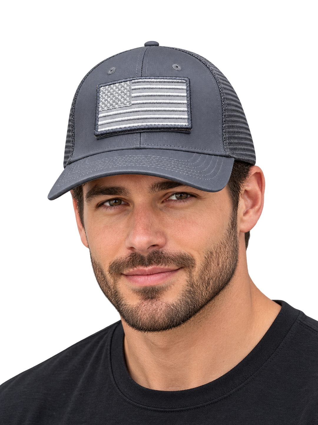 Gray American flag removable patch trucker hat, male model wearing hat (AI-generated)