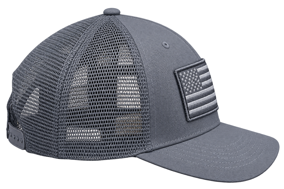 Gray American flag removable patch trucker hat, right side view