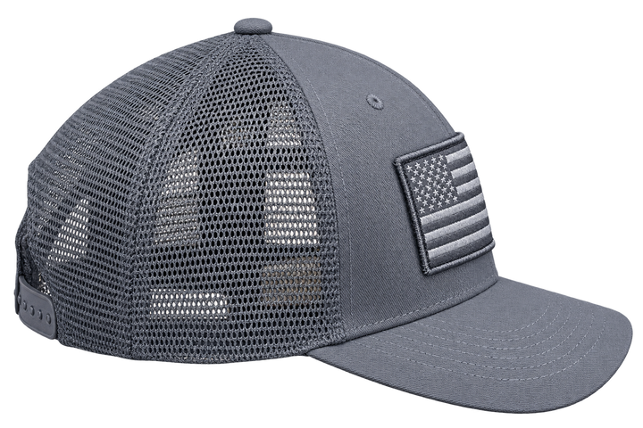 Gray American flag removable patch trucker hat, right side view