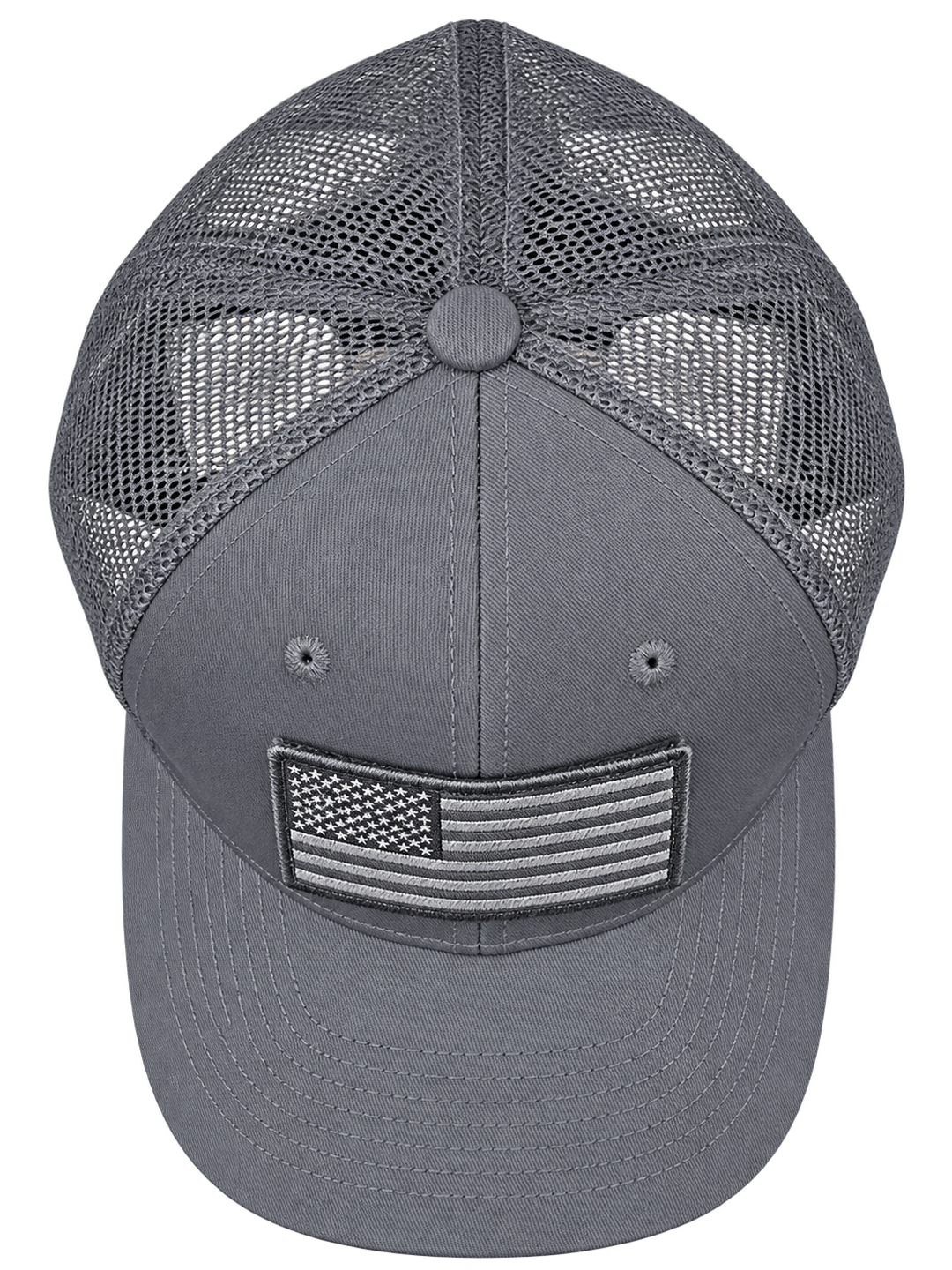 Gray American flag removable patch trucker hat, top product view