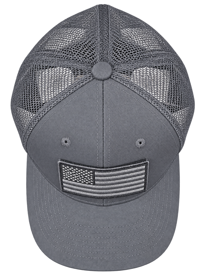 Gray American flag removable patch trucker hat, top product view