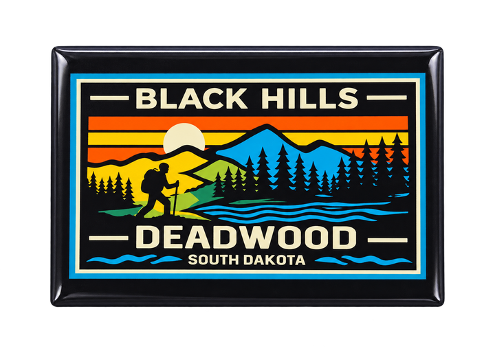 Deadwood Black Hills Hiking Magnet – Retro Mountain &amp; Forest — front view