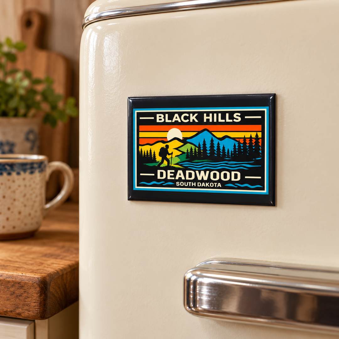 Deadwood Black Hills Hiking Magnet – Retro Mountain &amp; Forest — displayed on a refrigerator
