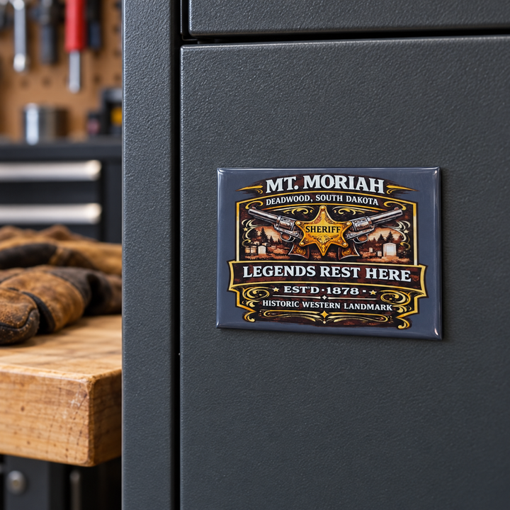 Mt. Moriah Legends Rest Here Magnet – Deadwood Sheriff Badge — displayed on a steel garage cabinet