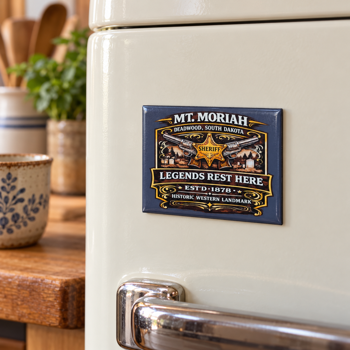 Mt. Moriah Legends Rest Here Magnet – Deadwood Sheriff Badge — displayed on a refrigerator