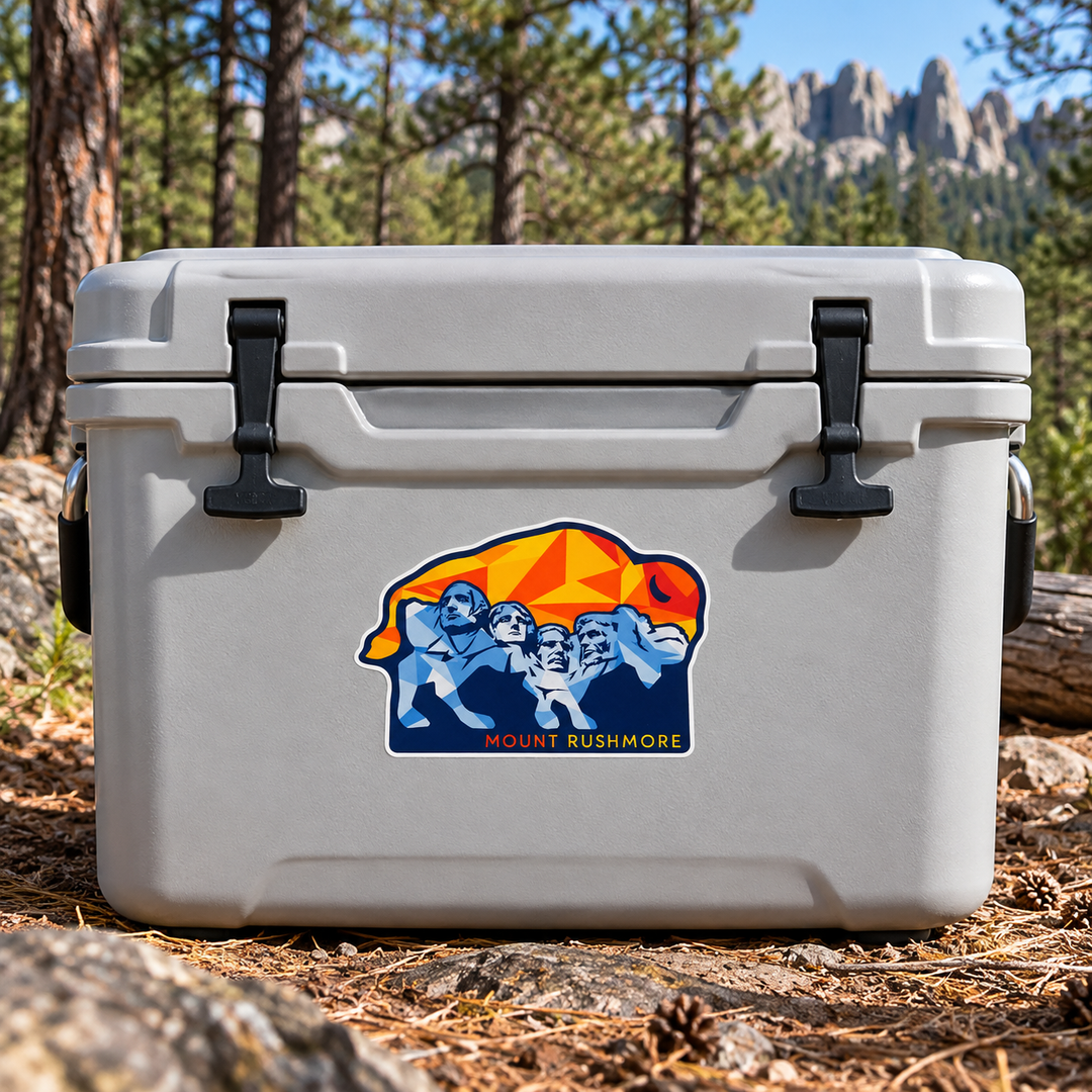 Mount Rushmore Geometric Bison Sticker on a cooler — lifestyle display mockup; accessories not included