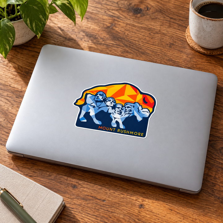 Mount Rushmore Geometric Bison Sticker on a laptop — lifestyle display mockup; accessories not included