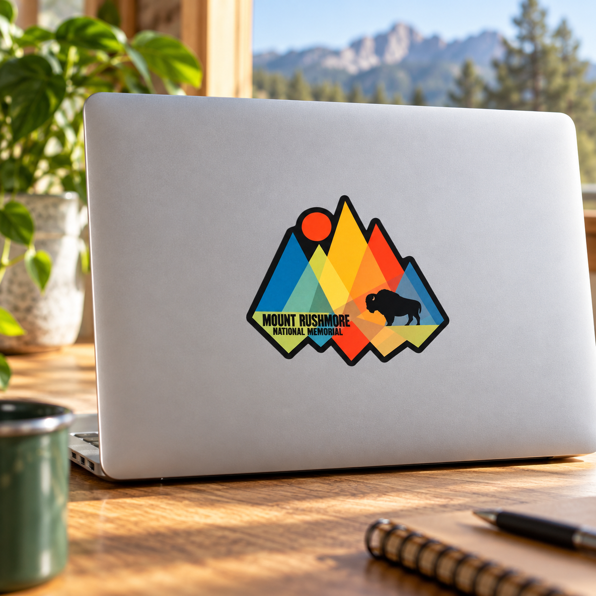 Mount Rushmore Geometric Mountains & Bison Sticker on a laptop — lifestyle display mockup; accessories not included