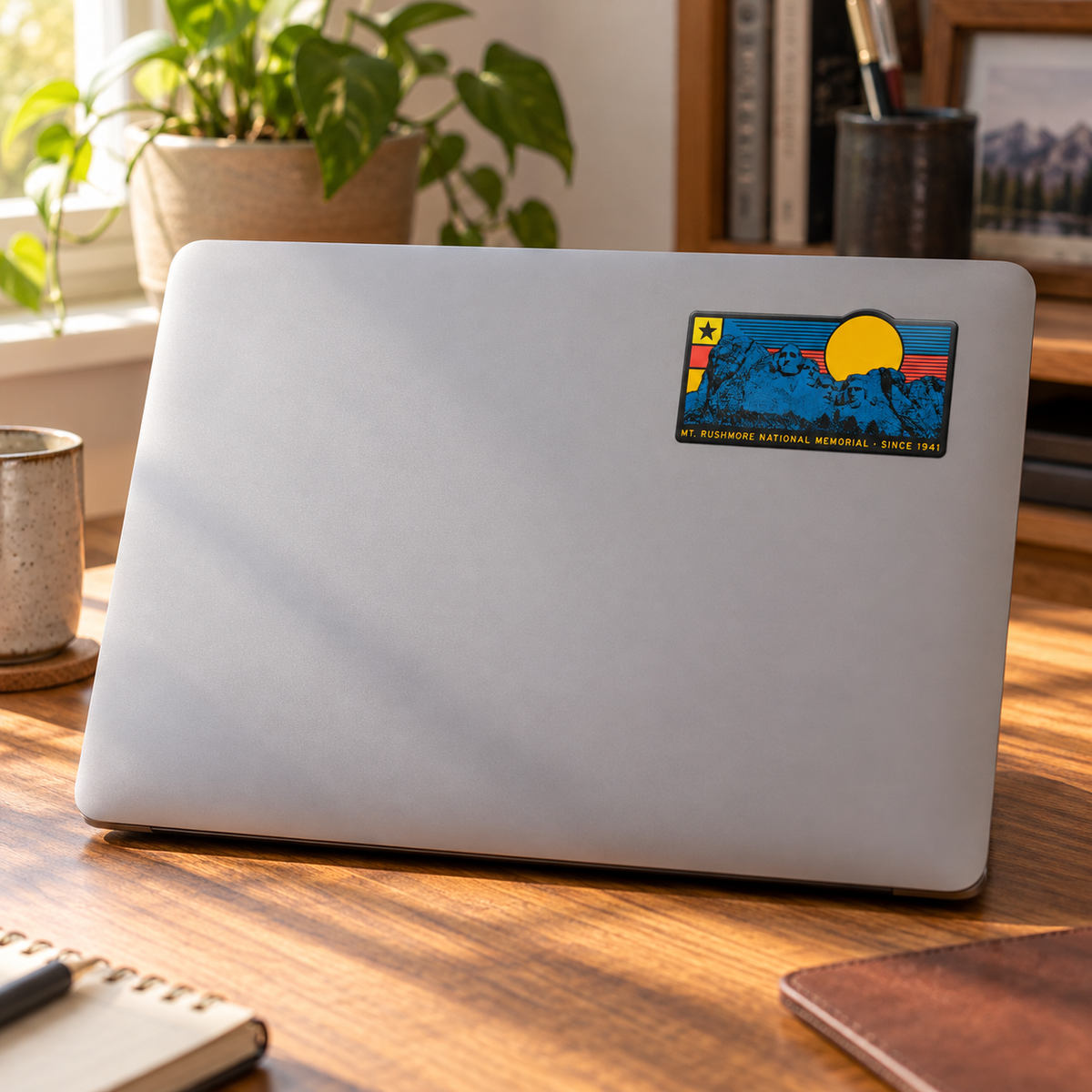 Mount Rushmore Retro Sunset Rectangle Sticker on a laptop cover — realistic scale lifestyle display; accessories not included