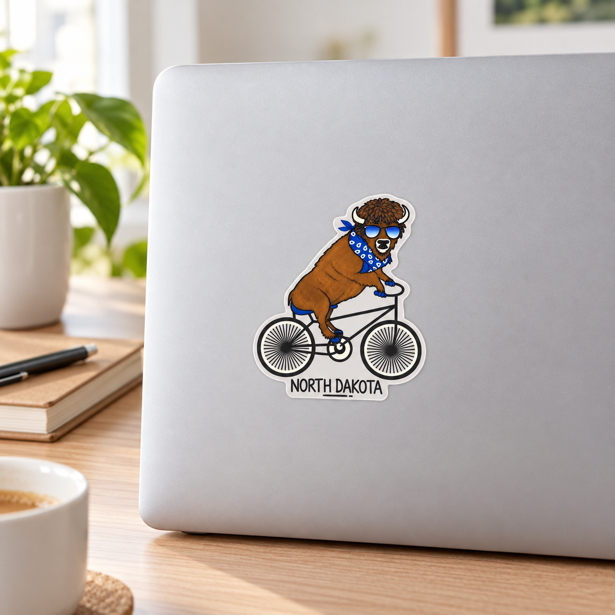 North Dakota Bison Riding a Bicycle Sticker on a laptop — lifestyle display mockup; accessories not included