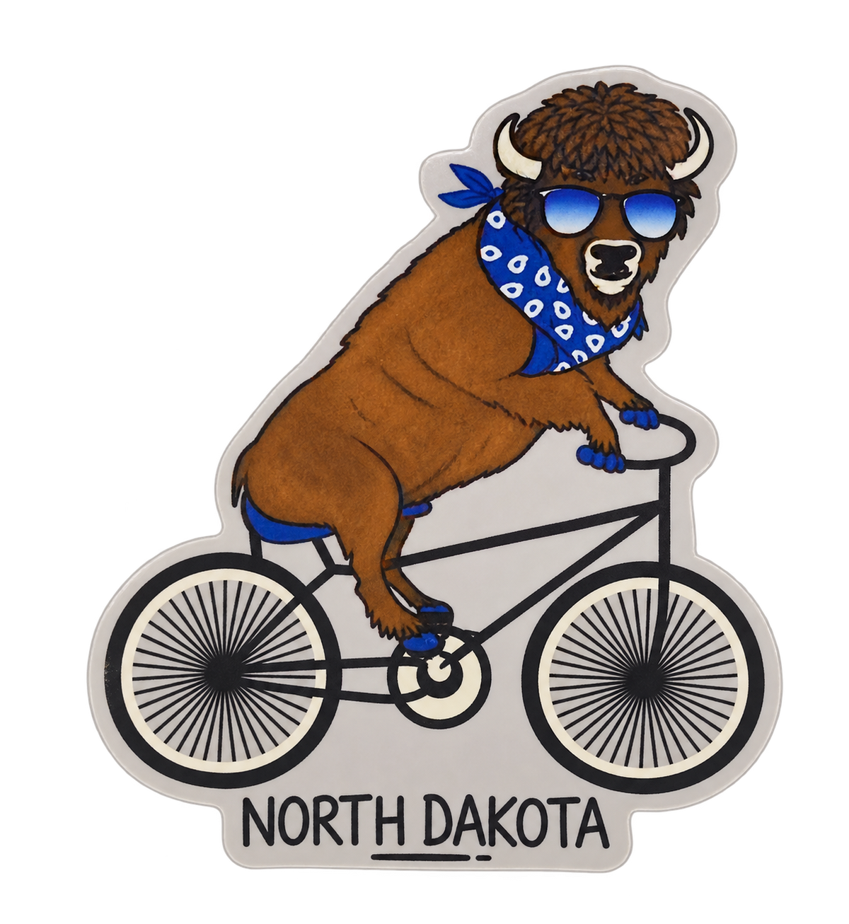 North Dakota Bison Riding a Bicycle Sticker — isolated product view