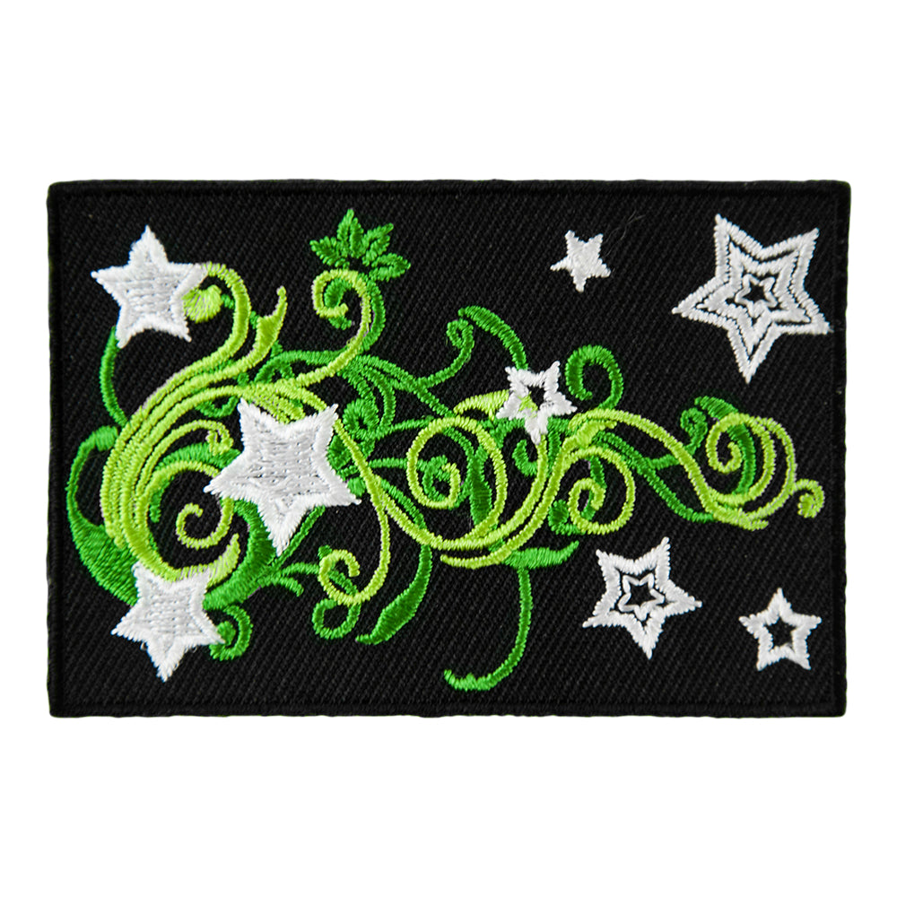 White Stars &amp; Green Vine Swirls Patch, Embroidered Star Patches — product image