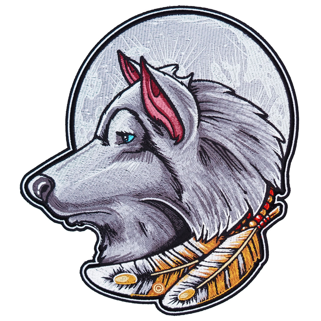 Gray Full Moon Wolf And Feathers Patch, Large Size — product image