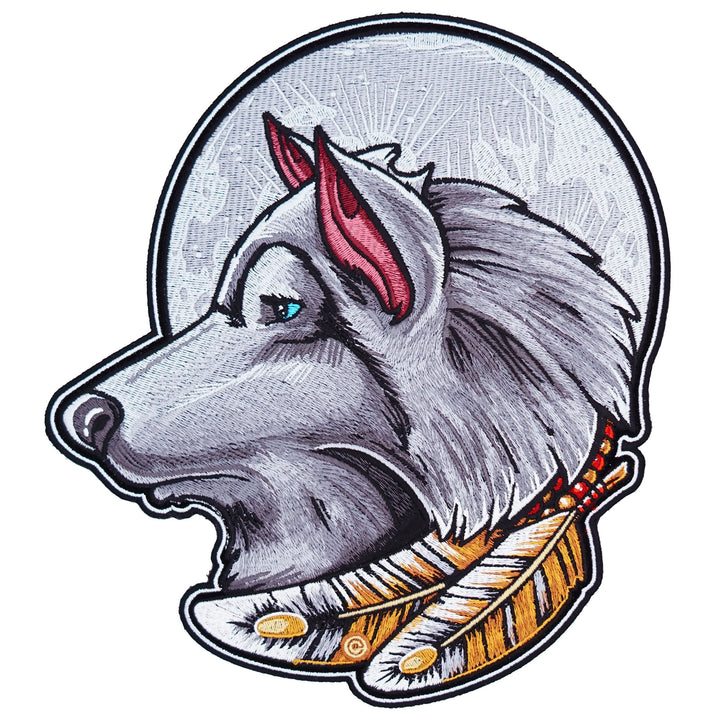 Gray Full Moon Wolf And Feathers Patch, Large Size — product image