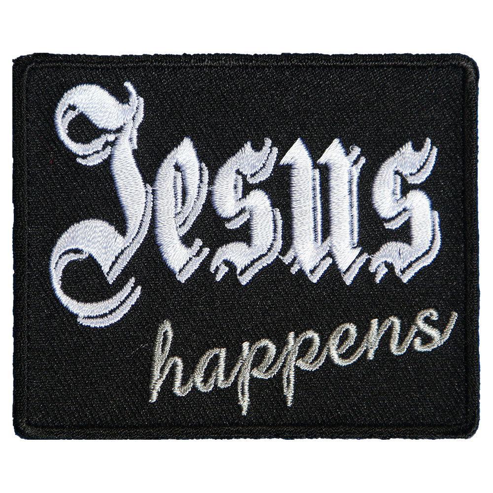 Jesus Happens Black & White Patch, Christian Biker Patches — product image
