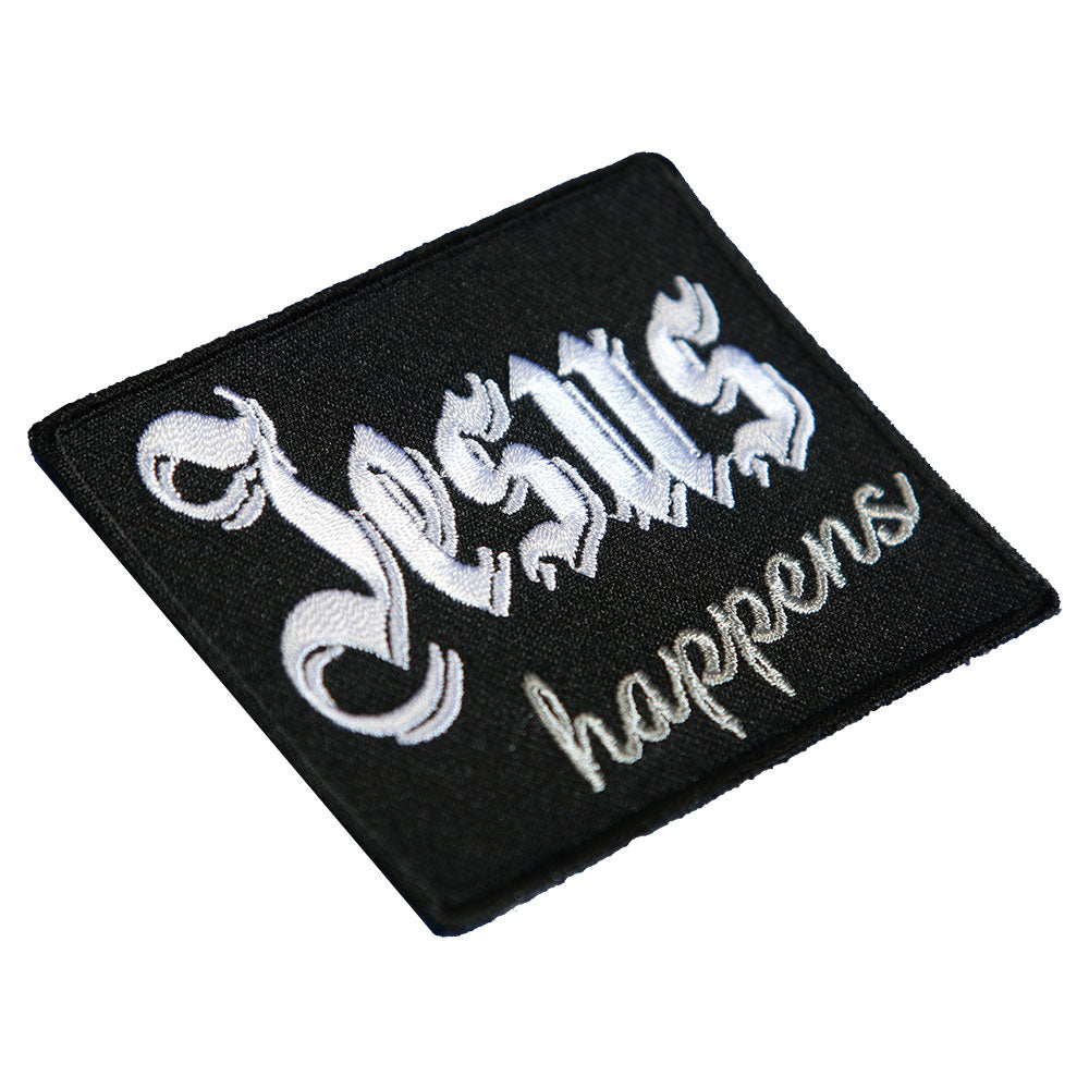 Jesus Happens Black & White Patch, Christian Biker Patches — detail view 1