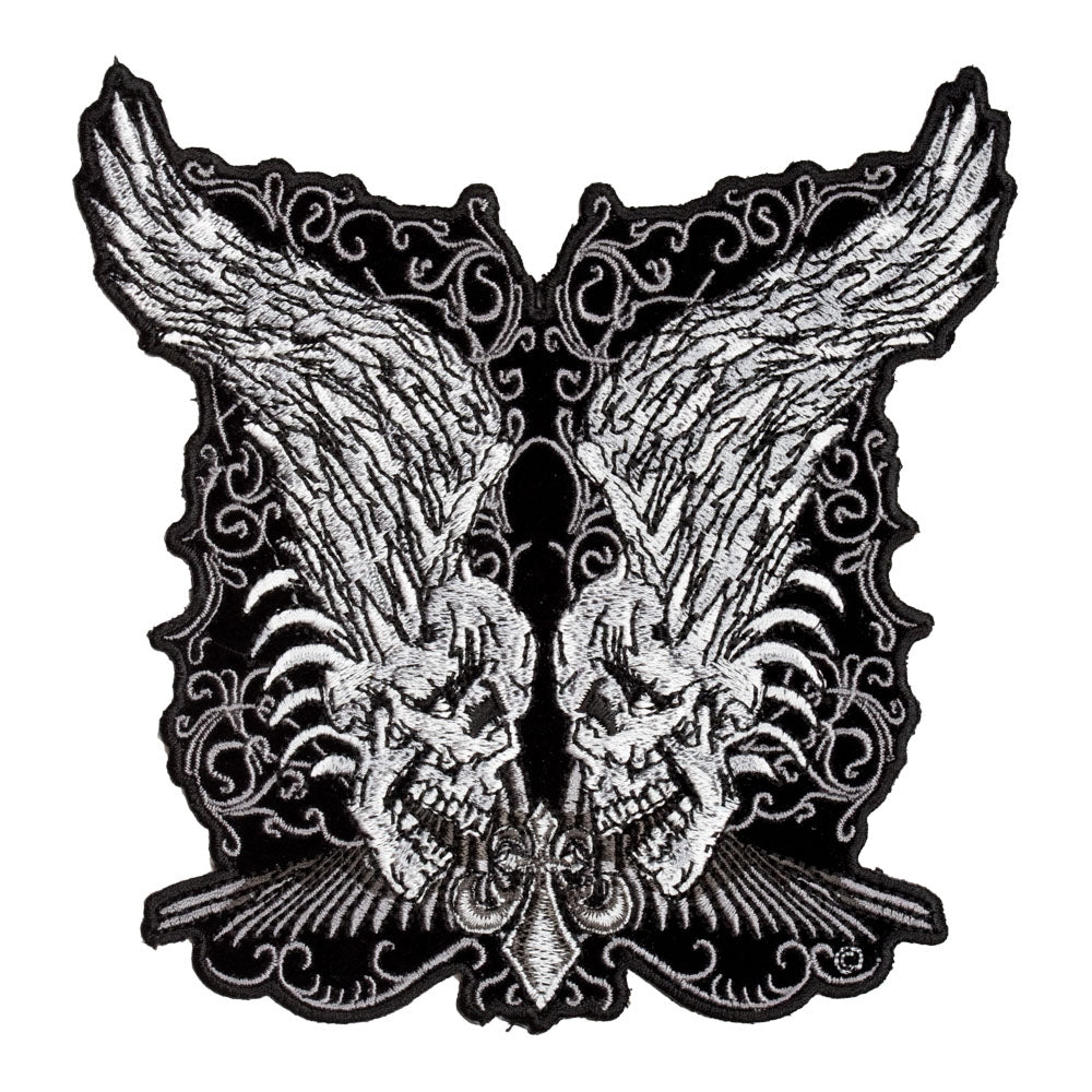 Twin Grey Skulls With Raised Wings Patch, Small Size — product image