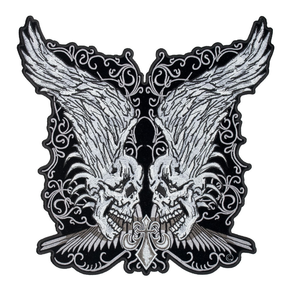 Twin Grey Skulls With Raised Wings Patch, Large Size — product image