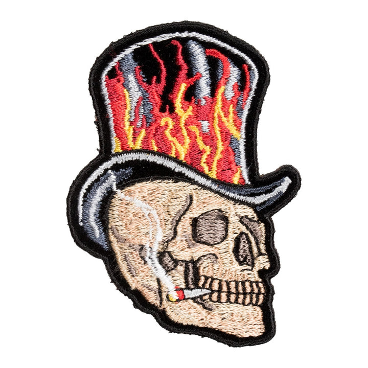 Skull With Flaming Black Top Hat Patch, Small Size — product image
