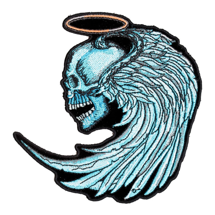 Winged Blue Angel Skull &amp; Halo Patch, Medium Size — product image