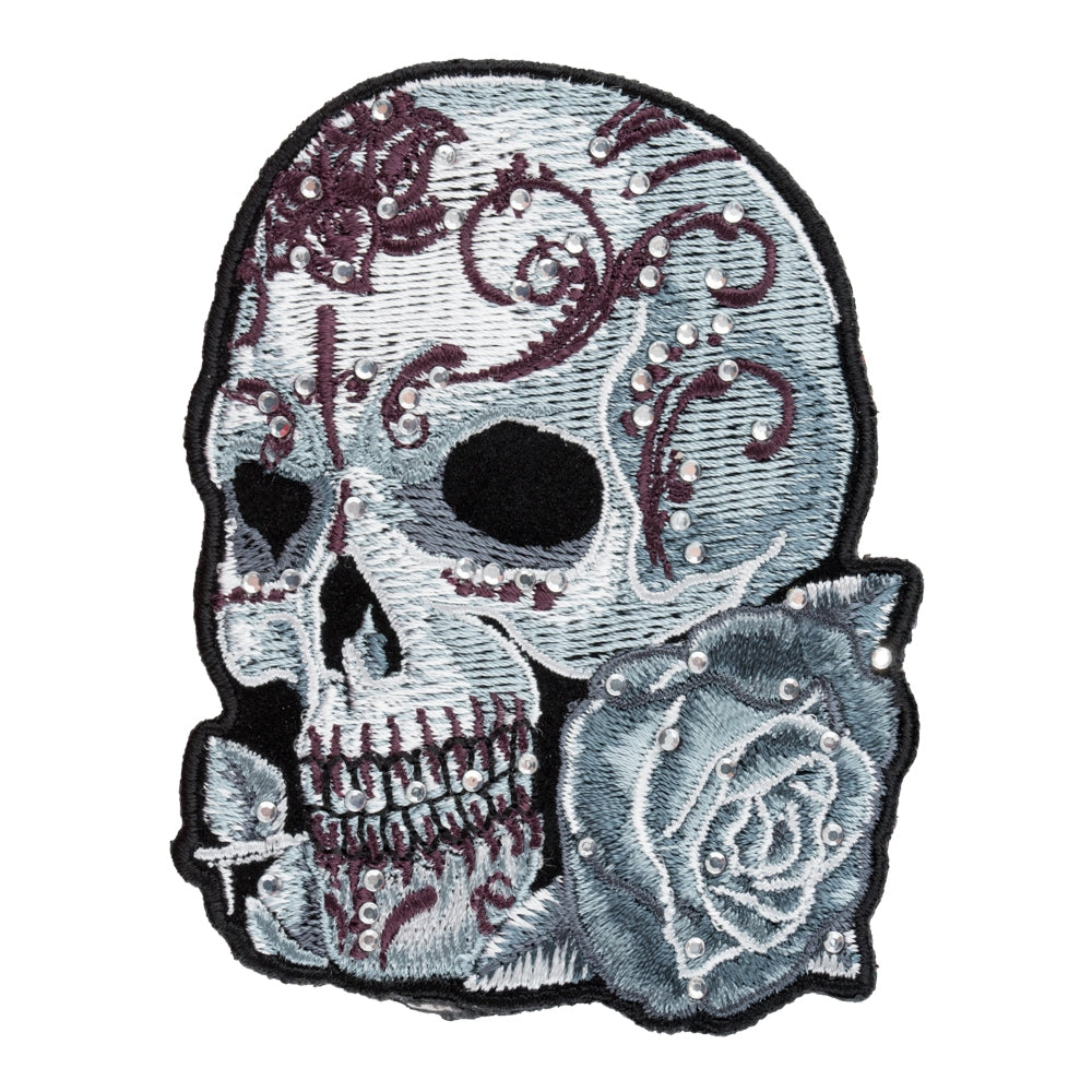 Diamond Studded Gray Sugar Skull & Rose Patch, Small Size — product image