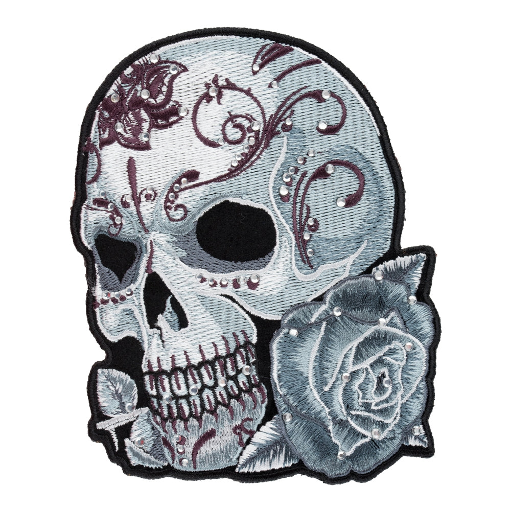 Diamond Studded Gray Sugar Skull &amp; Rose Patch, Medium Size — product image