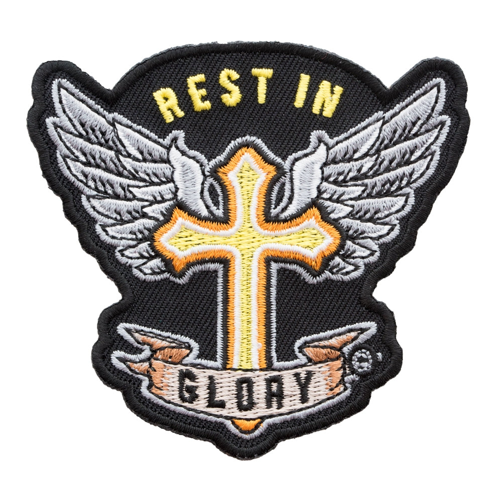Rest In Glory Winged Golden Cross Patch, RIP Patches — product image
