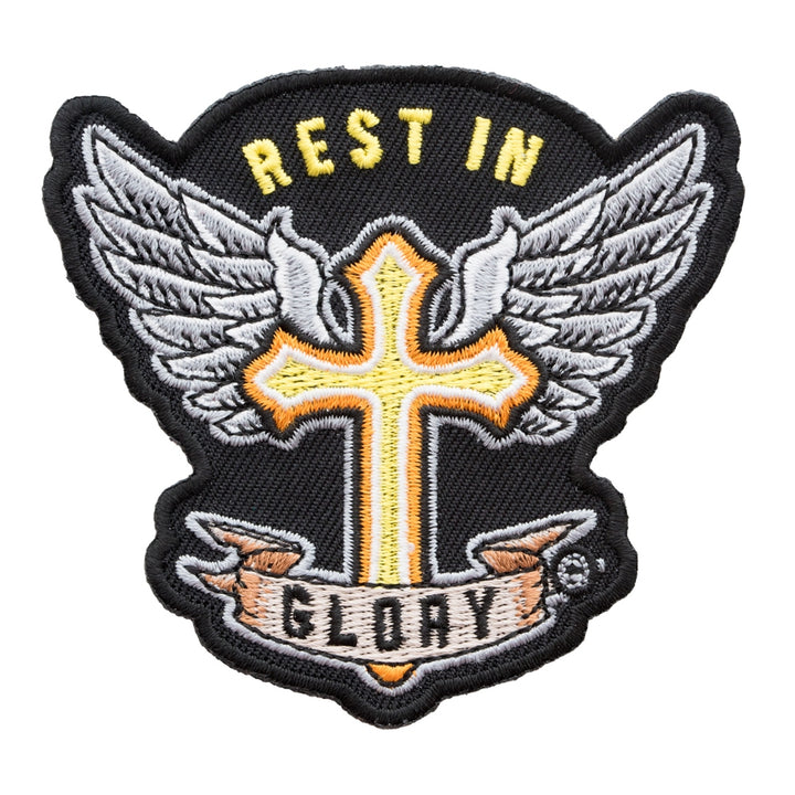 Rest In Glory Winged Golden Cross Patch, RIP Patches — product image