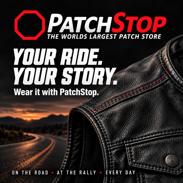 PatchStop brand logo with a black leather motorcycle vest and the message Your ride. Your story. Wear it with PatchStop.