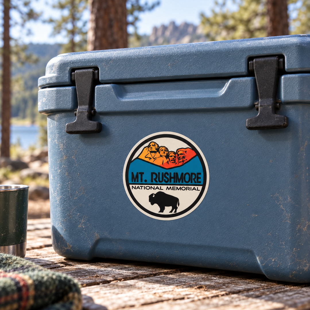 Mount Rushmore Buffalo Sticker – National Memorial shown on a cooler — lifestyle mockup