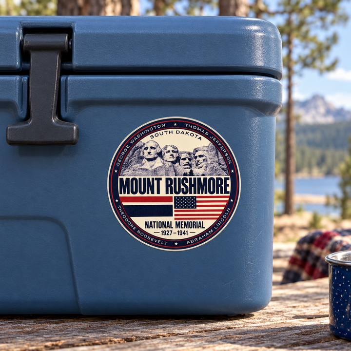 Mount Rushmore American Flag Sticker shown on a cooler — lifestyle mockup