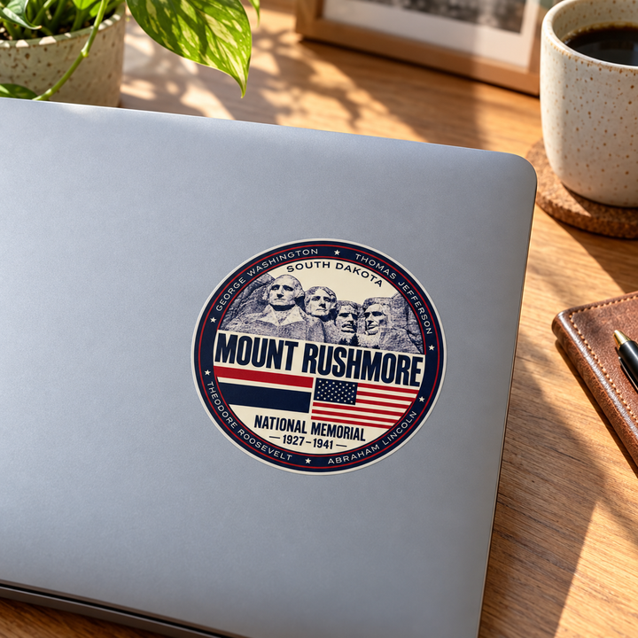 Mount Rushmore American Flag Sticker shown on a laptop — lifestyle mockup