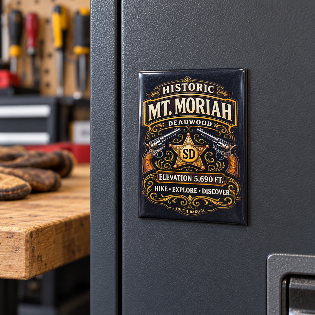 Historic Mt. Moriah Deadwood Magnet – Sheriff Star &amp; Twin Revolvers — displayed on a steel garage cabinet