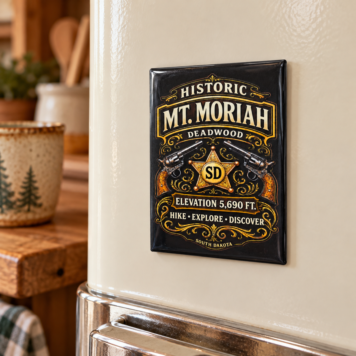 Historic Mt. Moriah Deadwood Magnet – Sheriff Star & Twin Revolvers — displayed on a refrigerator