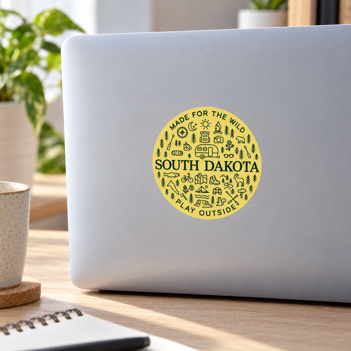 South Dakota Made for the Wild Play Outside Sticker on a laptop — lifestyle display mockup; accessories not included