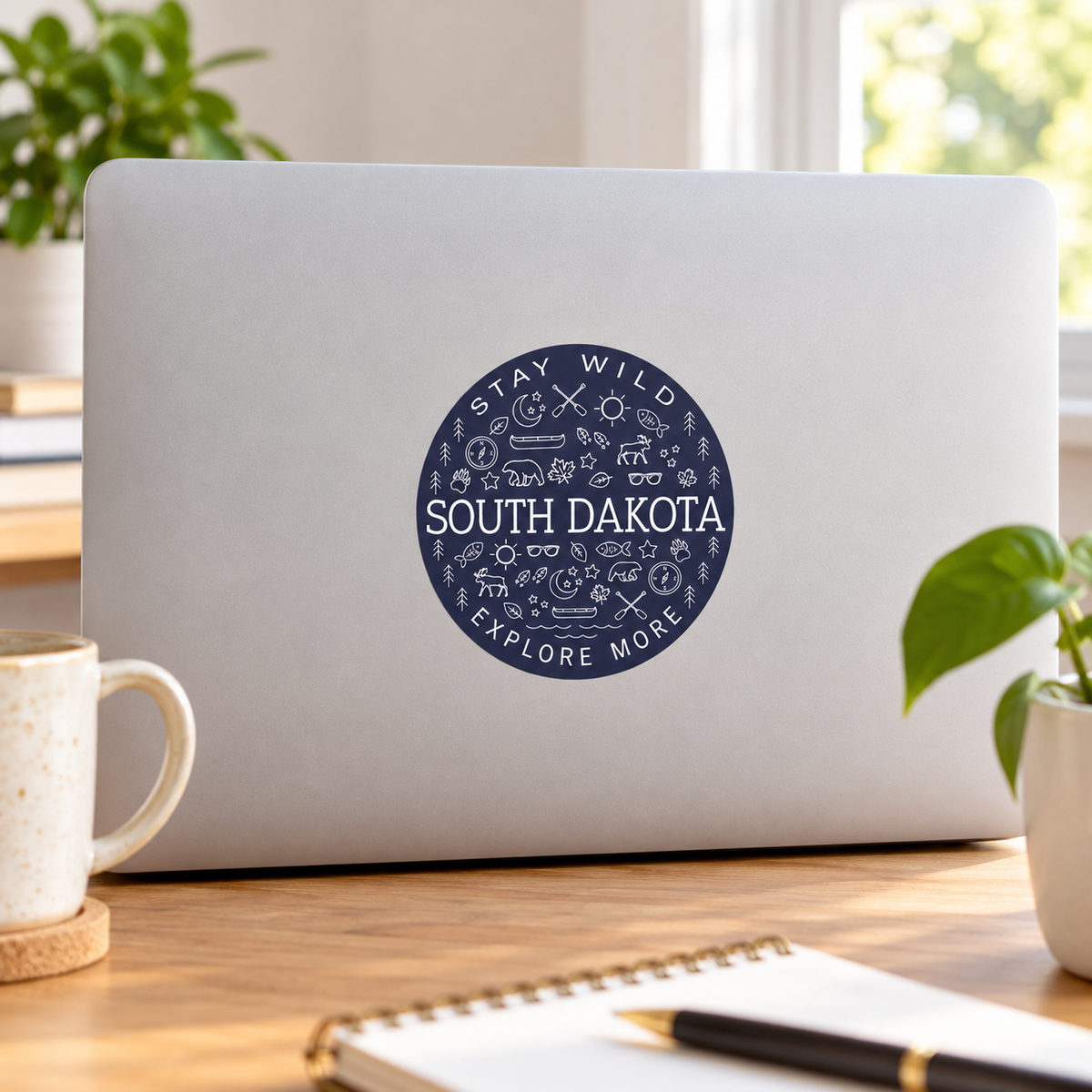 South Dakota Stay Wild Explore More Round Sticker on a laptop — lifestyle display mockup; accessories not included