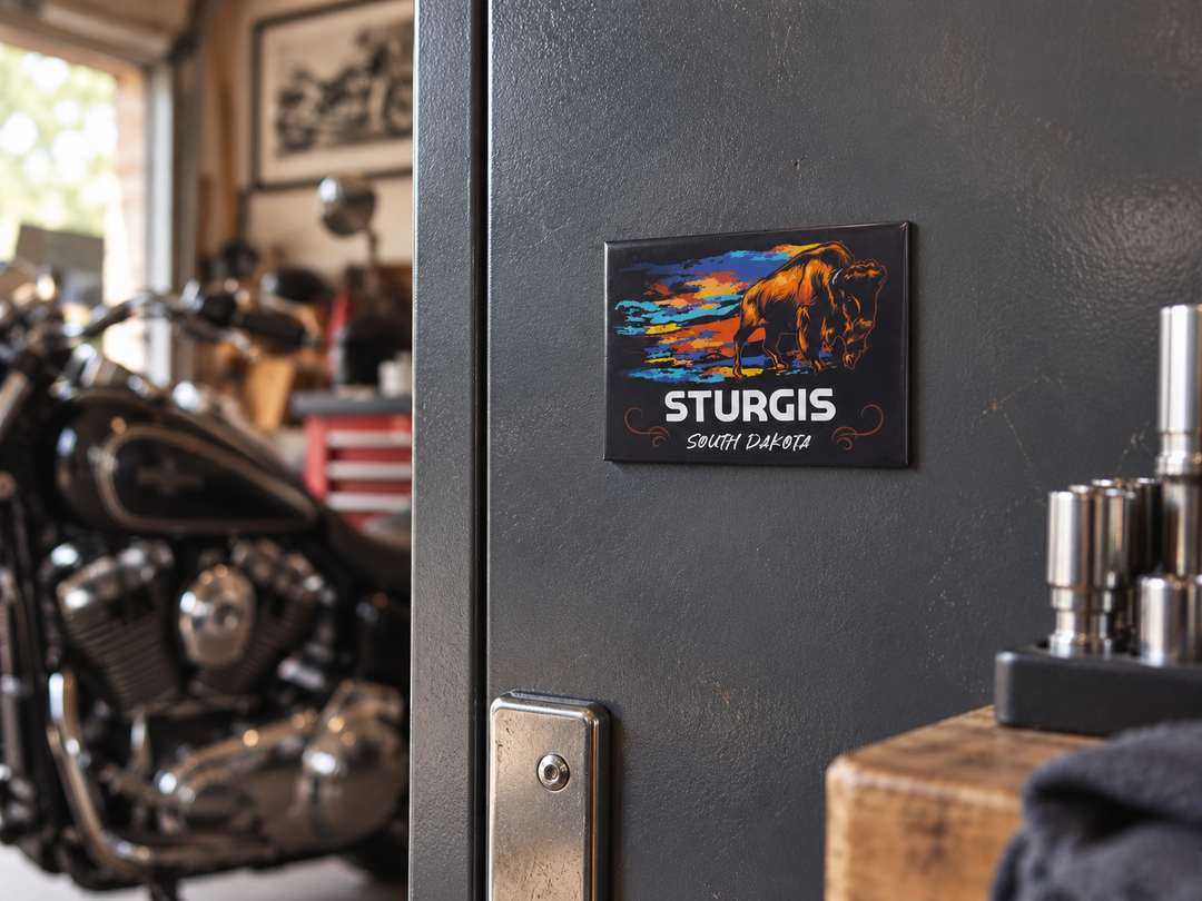 Sturgis Buffalo Souvenir Magnet – South Dakota, displayed on a steel tool cabinet in a home garage