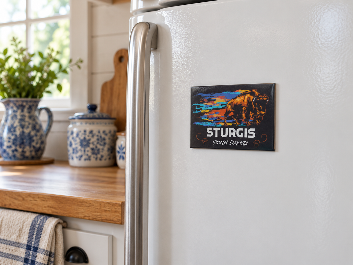 Sturgis Buffalo Souvenir Magnet – South Dakota, displayed on a magnetic refrigerator in a vintage kitchen