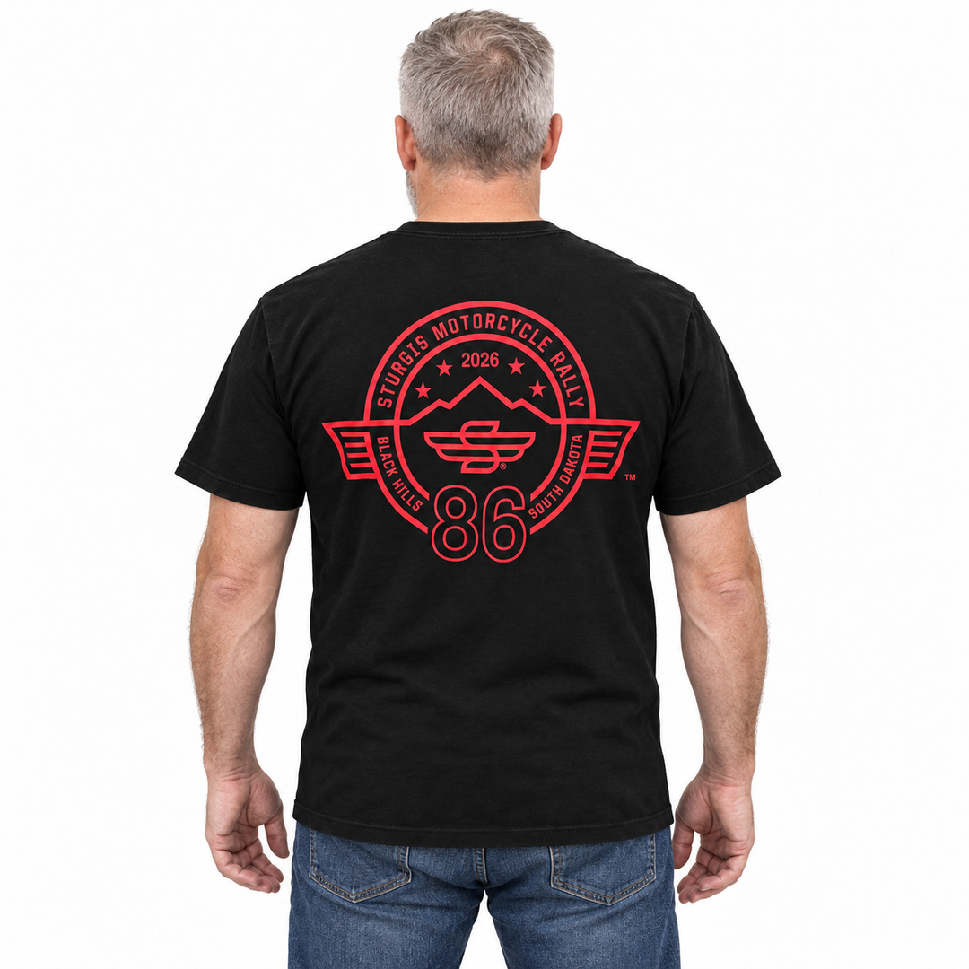 Sturgis 2026 Official Winged-S T-Shirt — Black / Red Logo — model back view