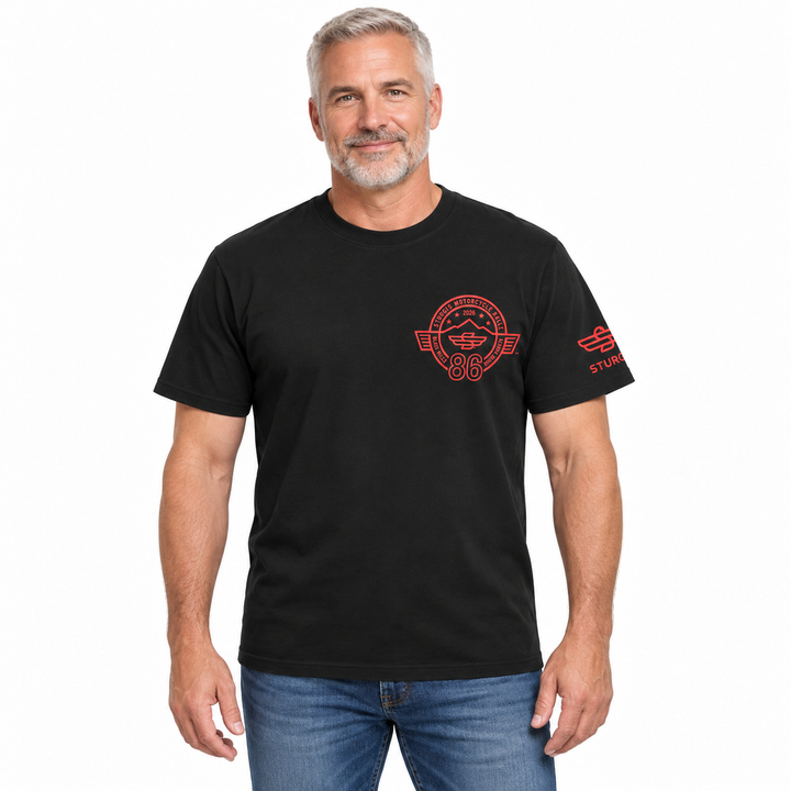Sturgis 2026 Official Winged-S T-Shirt — Black / Red Logo — model front view