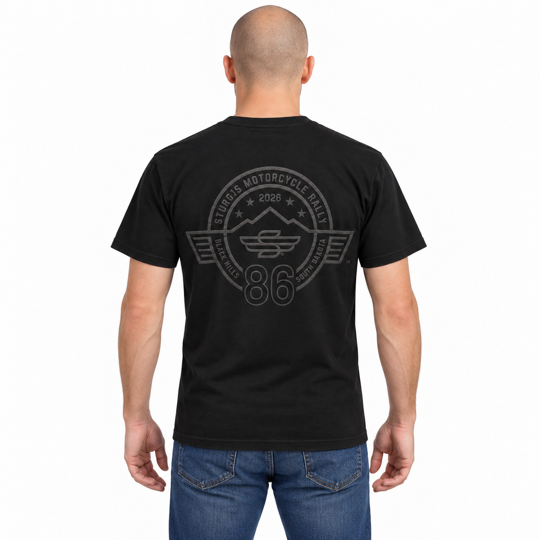 Sturgis 2026 Official Winged-S Raised-Print T-Shirt — Black on Black — model back view