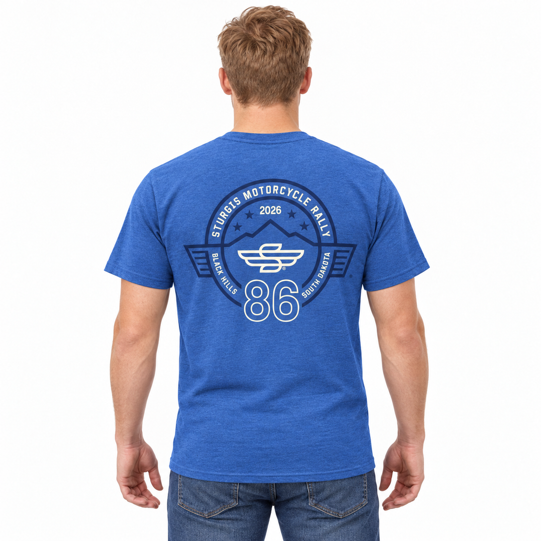 Sturgis 2026 Official Winged-S Vertical Logo T-Shirt — Heather Blue — model back view