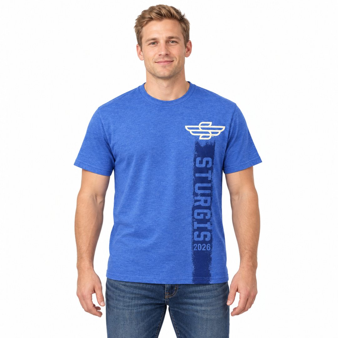 Sturgis 2026 Official Winged-S Vertical Logo T-Shirt — Heather Blue — model front view