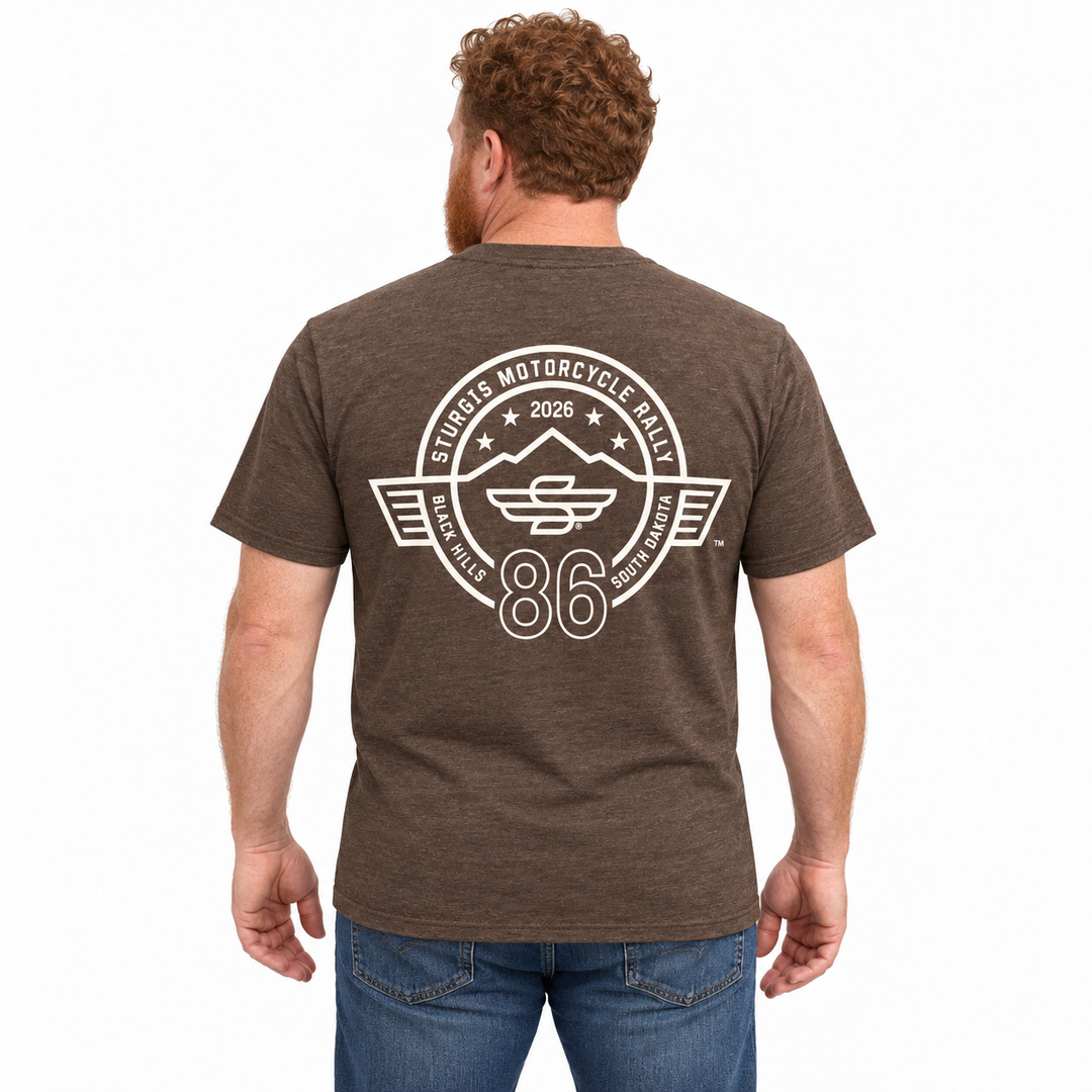 Sturgis 2026 Official Winged-S Vertical Logo T-Shirt — Heather Brown — model back view
