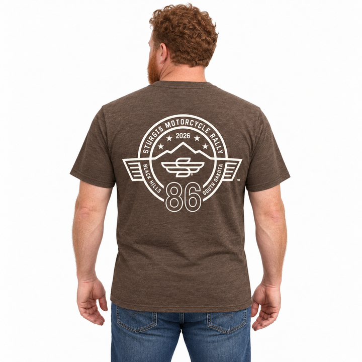 Sturgis 2026 Official Winged-S Vertical Logo T-Shirt — Heather Brown — model back view