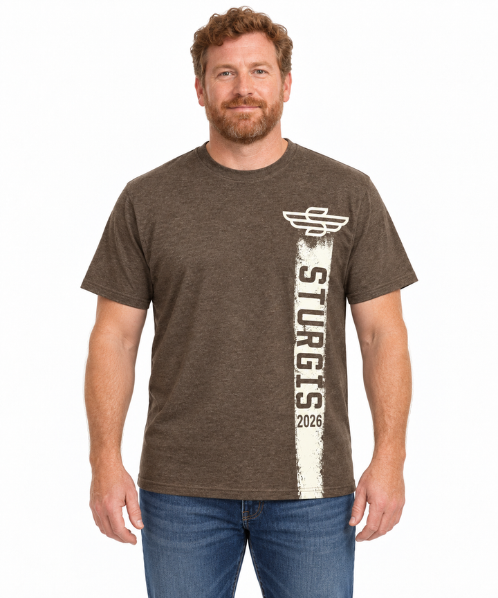 Sturgis 2026 Official Winged-S Vertical Logo T-Shirt — Heather Brown — model front view