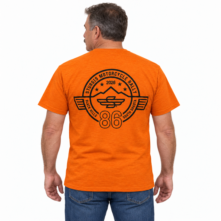 Sturgis 2026 Official Winged-S Rough Stripe T-Shirt — Orange — model back view