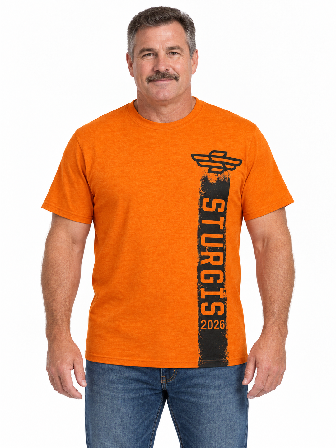 Sturgis 2026 Official Winged-S Rough Stripe T-Shirt — Orange — model front view