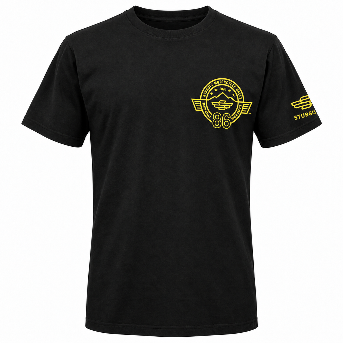 Sturgis 2026 Official Winged-S T-Shirt — Black / Yellow Logo — front view